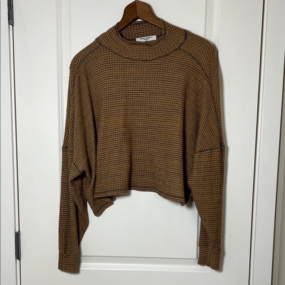Project Social T Tan Waffle Knit Cropped Turtleneck Sweater Small